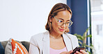 Phone, happy or business woman in office for social media app, comic blog news or communication online. Corporate, digital or manager with smartphone for networking, website review or social network