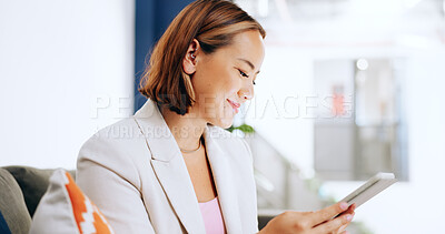 Tablet, smile or business woman in office for social media app, comic blog news or networking online. Corporate, digital or manager with smartphone for communication, website review or social network
