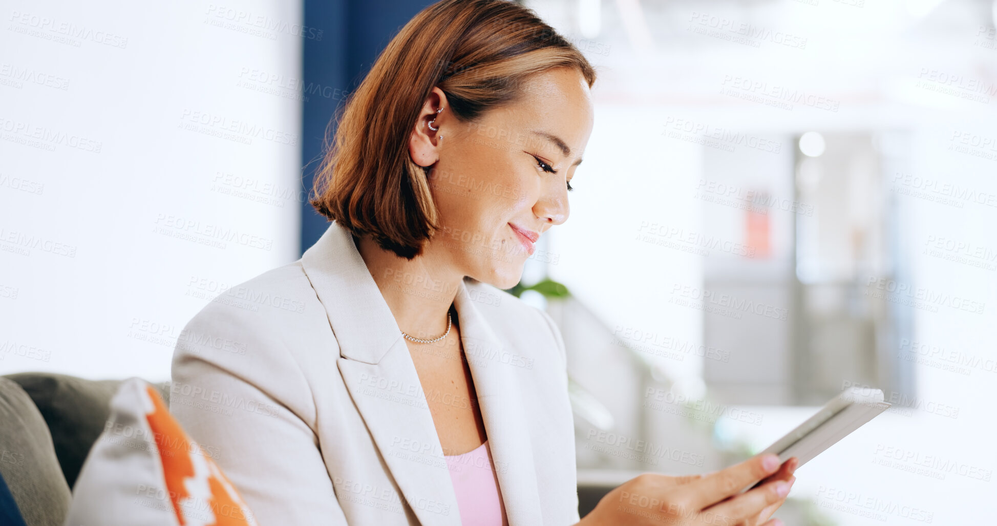 Buy stock photo Happy business woman, tablet and research in social media, communication or networking at office. Female person or employee smile with technology for online search, browsing or planning at workplace