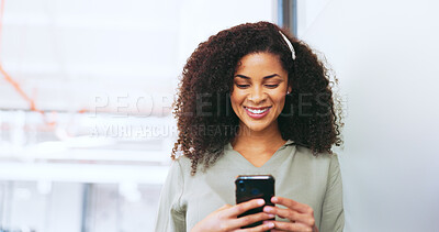 Phone, search and smile with business woman in office for networking, news and social media. Internet, technology and app with black woman and mobile for connection, contact and communication