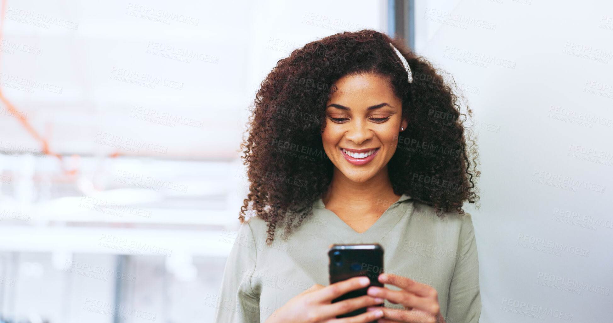 Buy stock photo Employee, smile and woman with a cellphone, typing and connection with digital app, email and search internet. Person, entrepreneur and consultant with a smartphone, website info and communication