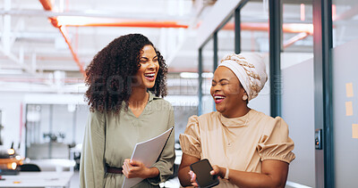 Black women, laughing or walking with business technology, paper or documents in modern office, coworking space or marketing company. Smile, happy or comic creative designers bonding in slow motion
