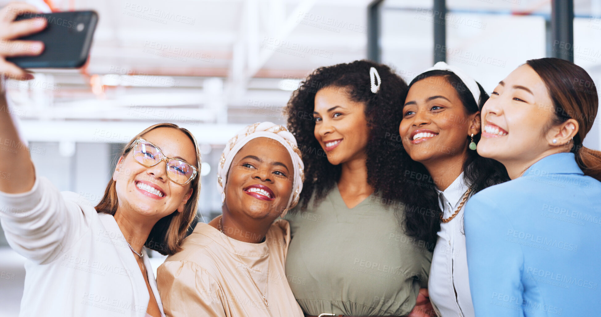 Buy stock photo Selfie, diversity and staff in office, happy and cheerful for social media post, celebration and team building. Smile image, silly and networking exercise for company workers, about us and bonding 