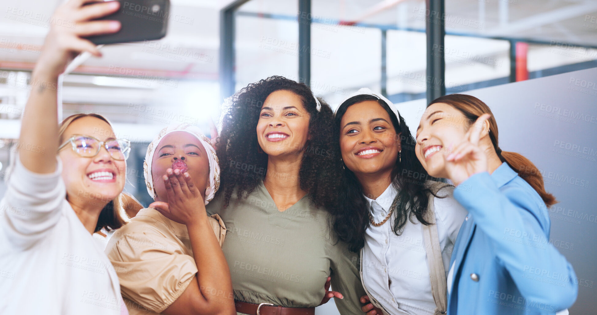 Buy stock photo Happy business people, women or selfie in office for a fun memory, profile picture or social media post. Smile, team photo or group of female friends or coworkers taking pictures on a break to relax