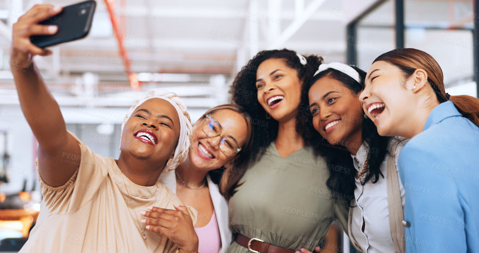 Buy stock photo Happy business people, group or selfie in office for a fun memory, profile picture or social media post. Smile, teamwork or photograph of women friends or coworkers taking pictures on break to relax