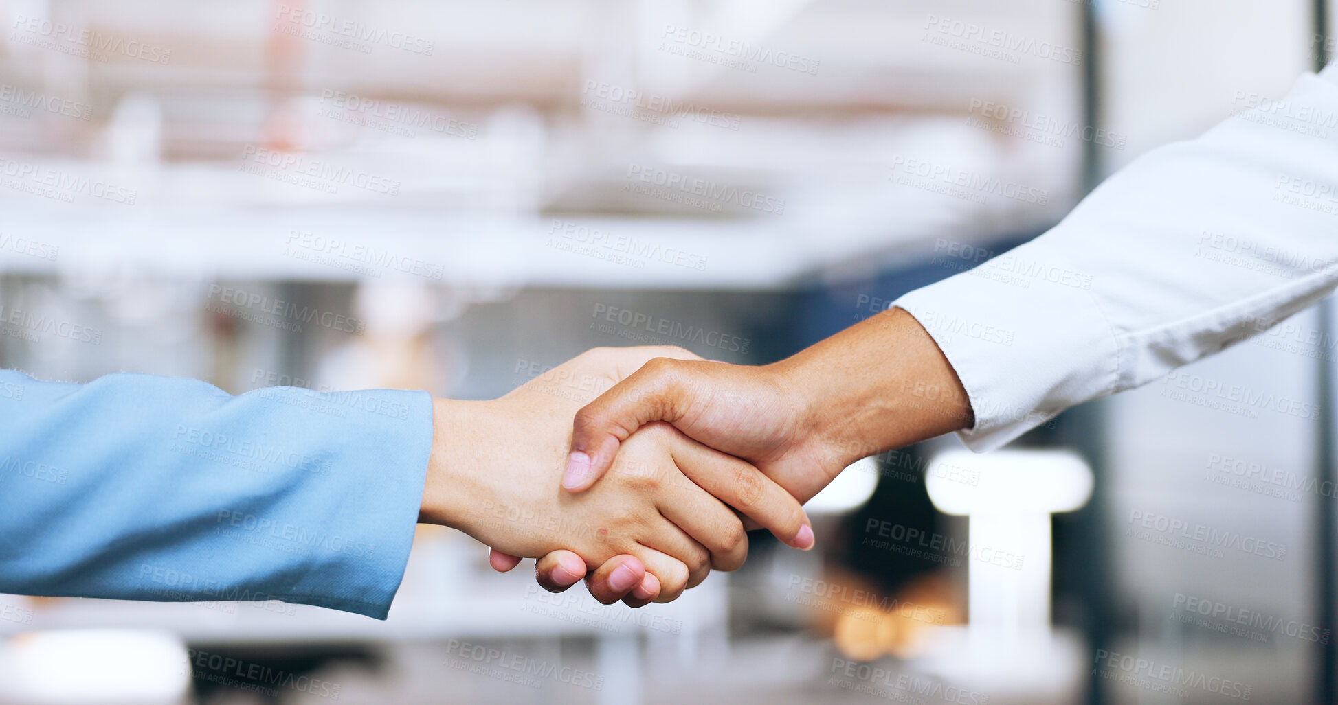 Buy stock photo Closeup, partnership or b2b handshake of business people for professional agreement together. Corporate, success or women employees shaking hands in workplace office for a deal, thank you or welcome