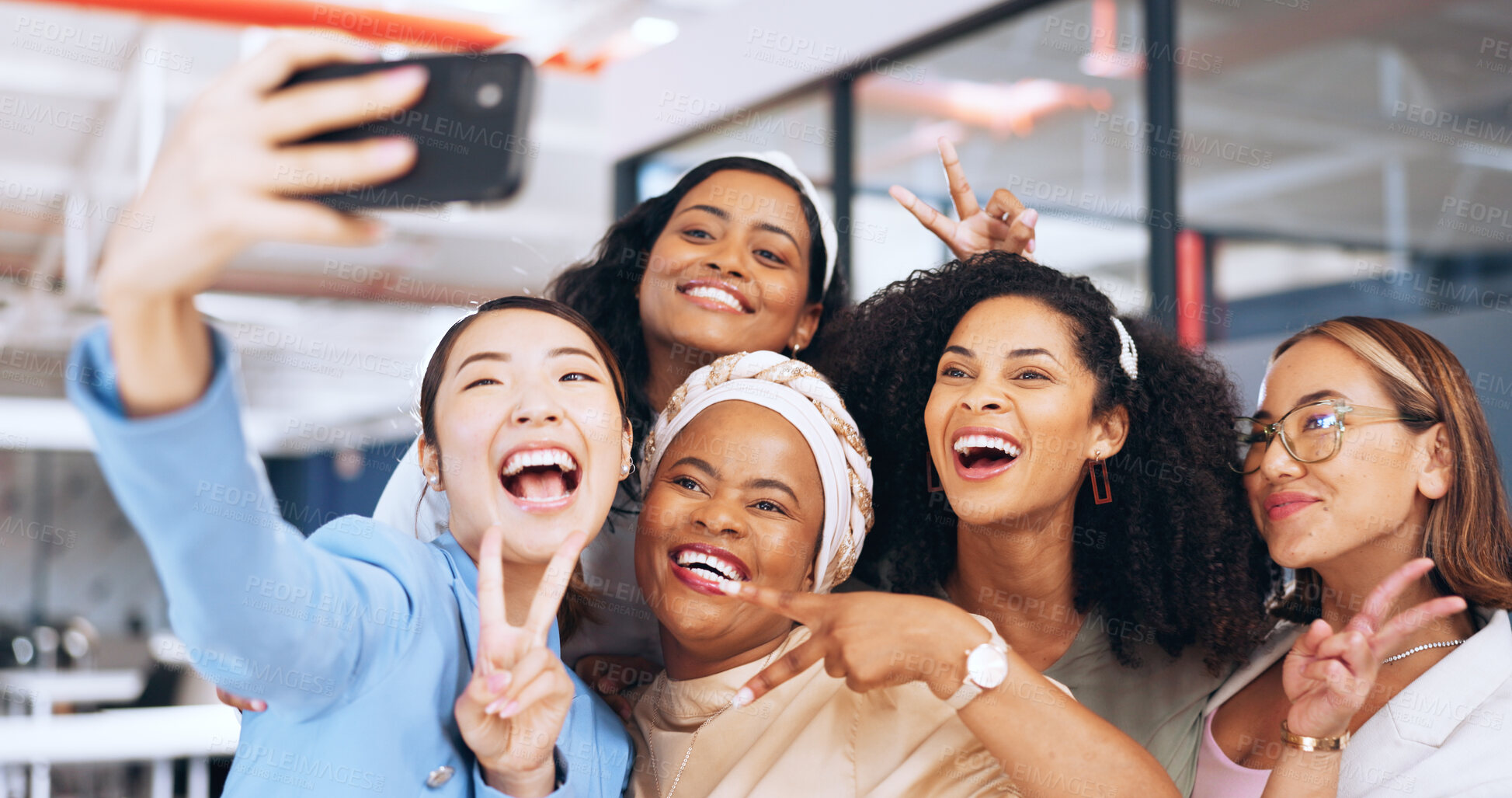 Buy stock photo Happy business people, peace or selfie in office for a fun memory, profile picture or social media post. Smile, teamwork or group of women friends or coworkers taking pictures on a break to relax