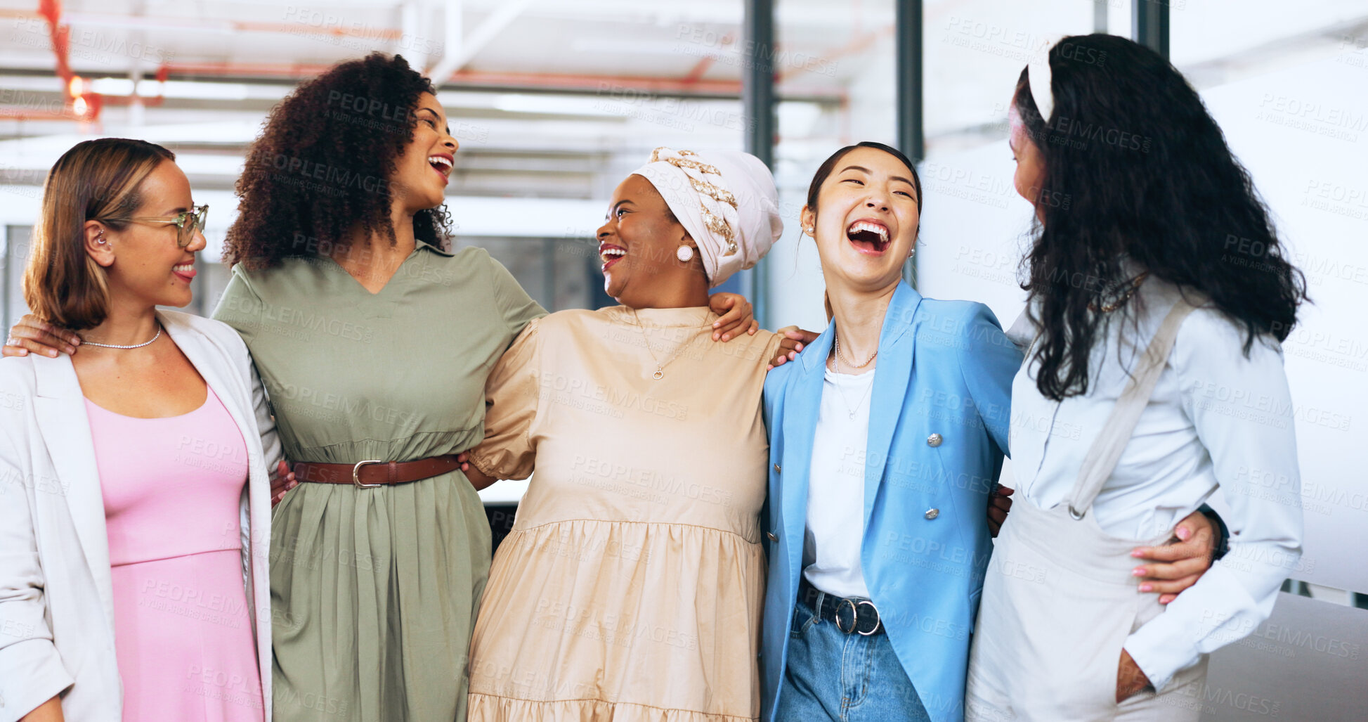 Buy stock photo Diversity, business women and laughing team with solidarity for startup company. Female employees, funny joke and support of creative staff happy discussion from collaboration in office with smile