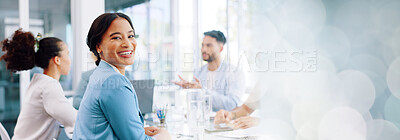 Happy business woman, portrait or internship in office meeting, boardroom training or diversity teamwork collaboration. Smile, corporate or opportunity in global finance company or strategy planning