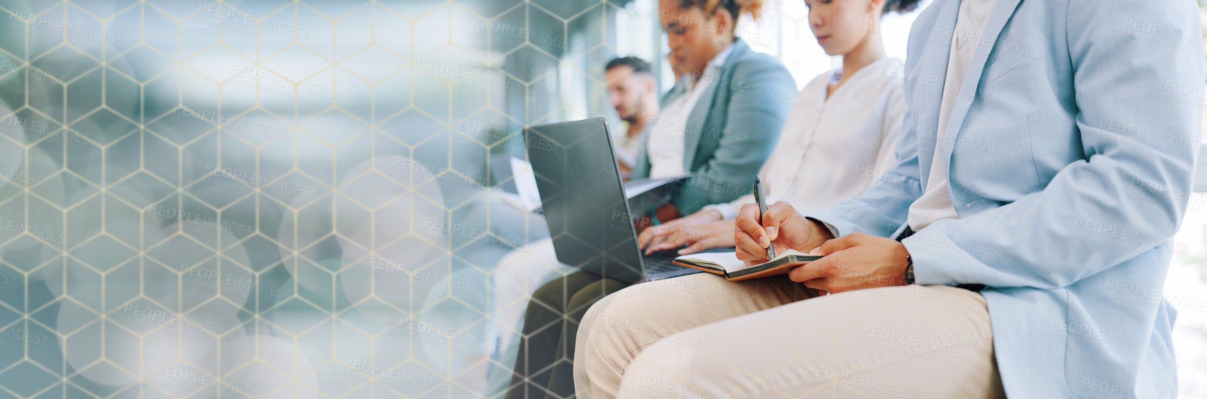 Buy stock photo Recruitment, office row and business people writing in notebook for hiring, job interview or work mockup. Overlay, space and corporate meeting with book, typing on laptop for research seminar