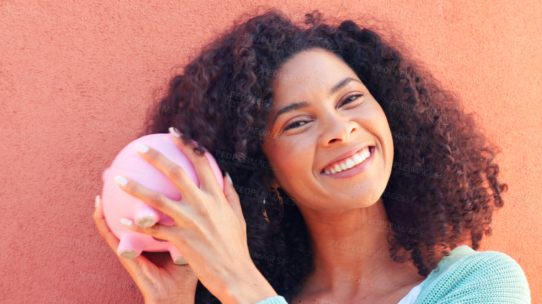 Buy stock photo Happy, portrait and woman with piggy bank savings, investment and growth on orange background. Cash, budget and face of female with money, box or container for future, planning or financial freedom