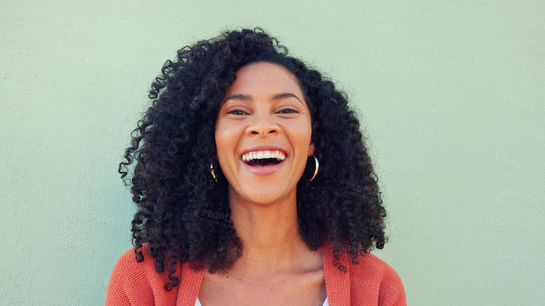 Buy stock photo Woman, portrait and smile with wall for beauty or wellness, smile for healthy results. Black person, energy or happiness with green background for hair care, cosmetic or treatment for natural look