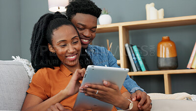 Buy stock photo Love, sofa and black couple shopping on tablet while they relax together in the living room. African people compromise, decide and plan home apartment ecommerce order delivery logistics.