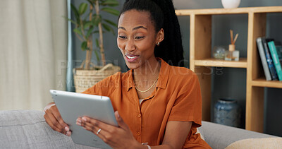 Buy stock photo Video call, hello and tablet with black woman talking online conversation, communication and greeting on her sofa in her living room. Video conference, internet and digital with young female at home
