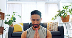 Yoga, man and lotus meditation in house, home or living room floor for health, fitness and wellness. Zen, mind relax and meditating male doing pilates to improve strength, flexibility and balance.