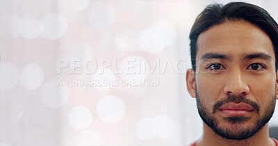 Buy stock photo Man, portrait and closeup of bokeh, serious and mockup by space, vision and health for eyes. Indian person, choice and face of treatment, care and wellness or optometry, banner and contact lenses