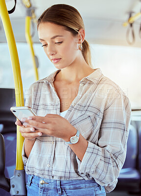 Buy stock photo Travel, smartphone and woman on a bus or public transportation reading social media, online news or city website information. Young person with cellphone on train with lens flare for contact us