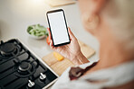 Recipe, cooking and healthy food list on a phone with a woman ready to cook in a kitchen home. Nutritionist person ready to start health, nutrition and vegetables for a meal using mobile technology