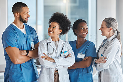 Buy stock photo Healthcare, medicine and teamwork with a doctor, nurse and health workers working as a team in the hospital. Collaboration, medical and trust with a healthcare group at work in a clinic for care