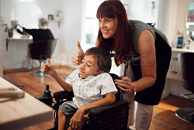 Buy stock photo Hair salon, hairdresser and child in wheelchair with thumbs up after haircut. Hairdressing, barber and haircare for kid with disability. Support of accessibility, smile and thank you from happy boy
