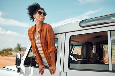 Buy stock photo Black woman on road, enjoying window view of desert and traveling in suv on holiday road trip of South Africa. Travel adventure drive, happy summer vacation and explore freedom of nature in the sun