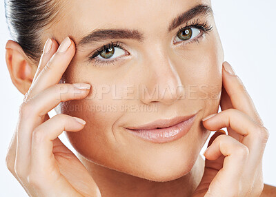 Buy stock photo Portrait, beauty and skincare with a woman in studio isolated on a white background closeup for natural treatment. Face, cosmetics or skin with an attractive young female on space for antiaging