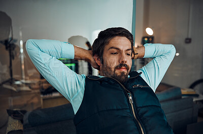 Buy stock photo Relax, break and man in an office for work, success and working at night for a deadline. Looking, corporate and businessman with stress relief, relaxed and overtime in the workplace in the dark