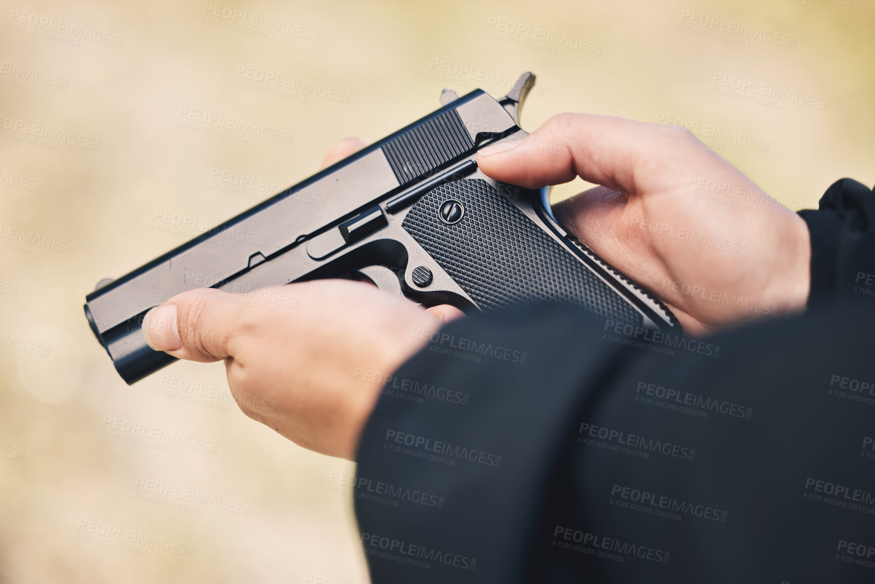 Buy stock photo Weapon, pistol and hands with gun outdoor for police, military and safety training at firing range. Security, danger and person holding metal firearm for criminal protection, shooting and fight crime