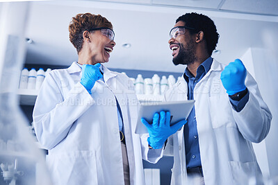 Buy stock photo Tablet, scientist or success teamwork in lab for DNA research, innovation or medicine. Happy doctors, celebration or medical black people for science collaboration, healthcare study and winning goal