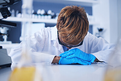 Buy stock photo Stress, burnout or black woman scientist upset over medical crisis or mistake, research fail or error in lab. Sad, tired or frustrated doctor for healthcare anxiety, work depression or mental health