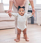 Baby portrait, walking and learning with mother in a living room lounge with mobility development. Floor, home and first steps of a young kid with mama help with love, care and support in a house