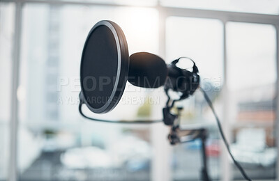 Buy stock photo Microphone, audio and technology, podcast or radio with sound equipment closeup and broadcast media. Public relations, live streaming and production in studio with content creation and social network