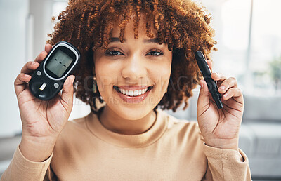 Buy stock photo Diabetes, blood test and portrait of black woman in living room for glucose levels, medical and technology. Digital, healthcare and monitor with girl patient at home for medicine, machine and check