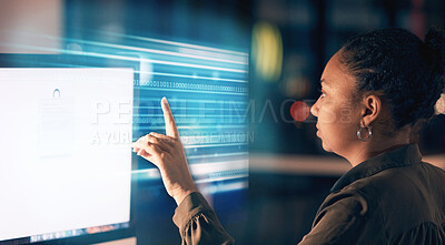 Buy stock photo Computer, hologram and woman in the office with a user interface for research or cyber networking. Technology, 3d overlay and female employee working with futuristic fintech in the workplace at night