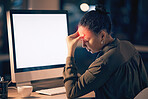 Woman, headache and computer mockup screen in stress, burnout or suffering pain at night by office desk. Businesswoman touching painful head by desktop PC with copy space display at workplace