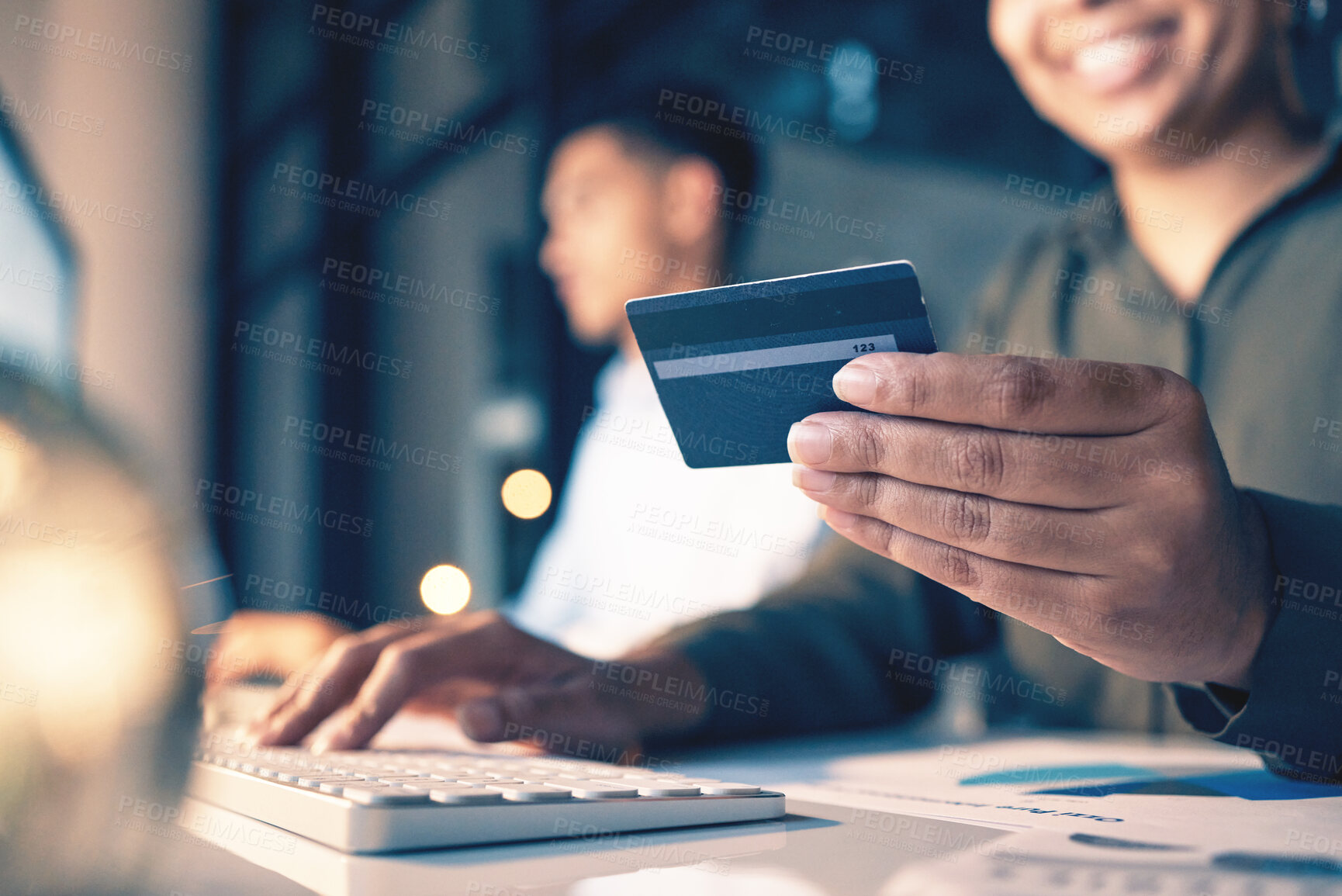 Buy stock photo Hands, computer and credit card for ecommerce, online shopping or banking at night on office desk. Hand of employee shopper typing on keyboard for internet purchase, bank app or transaction on table