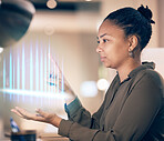 Black woman, hands and digital hologram at night for technology innovation or product placement at the office. African American female holding virtual, futuristic or holographic 3D dashboard for tech