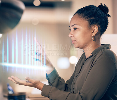Buy stock photo Woman, hands and digital hologram at night for technology innovation or product placement at office. Female holding virtual, futuristic or holographic 3D dashboard working late on tech at workplace