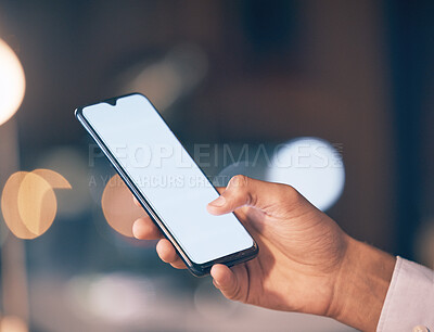 Buy stock photo Smartphone, mockup screen and hand of woman for internet, social media and networking online at night. Communication, office and worker with blank phone for mobile app, branding and website logo
