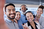 Team building, smile or call center people selfie smile in telemarketing company or agency. CRM support, portrait or happy customer services employees laughing or bonding together in sales office