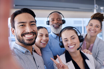 Buy stock photo Team building, smile or call center people selfie in telemarketing company or agency together. CRM support, portrait or happy customer services employees laughing or bonding in telecom sales office
