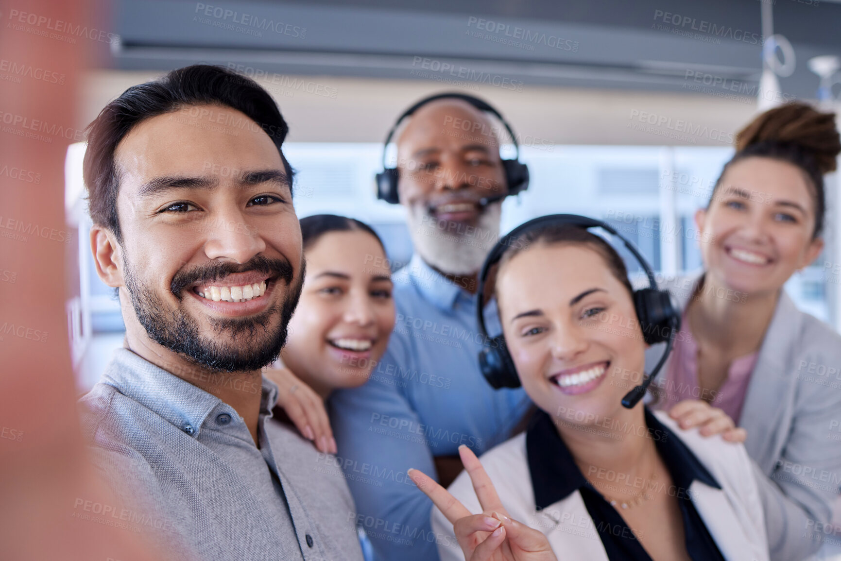 Buy stock photo Team building, smile or call center people selfie in telemarketing company or agency together. CRM support, portrait or happy customer services employees laughing or bonding in telecom sales office