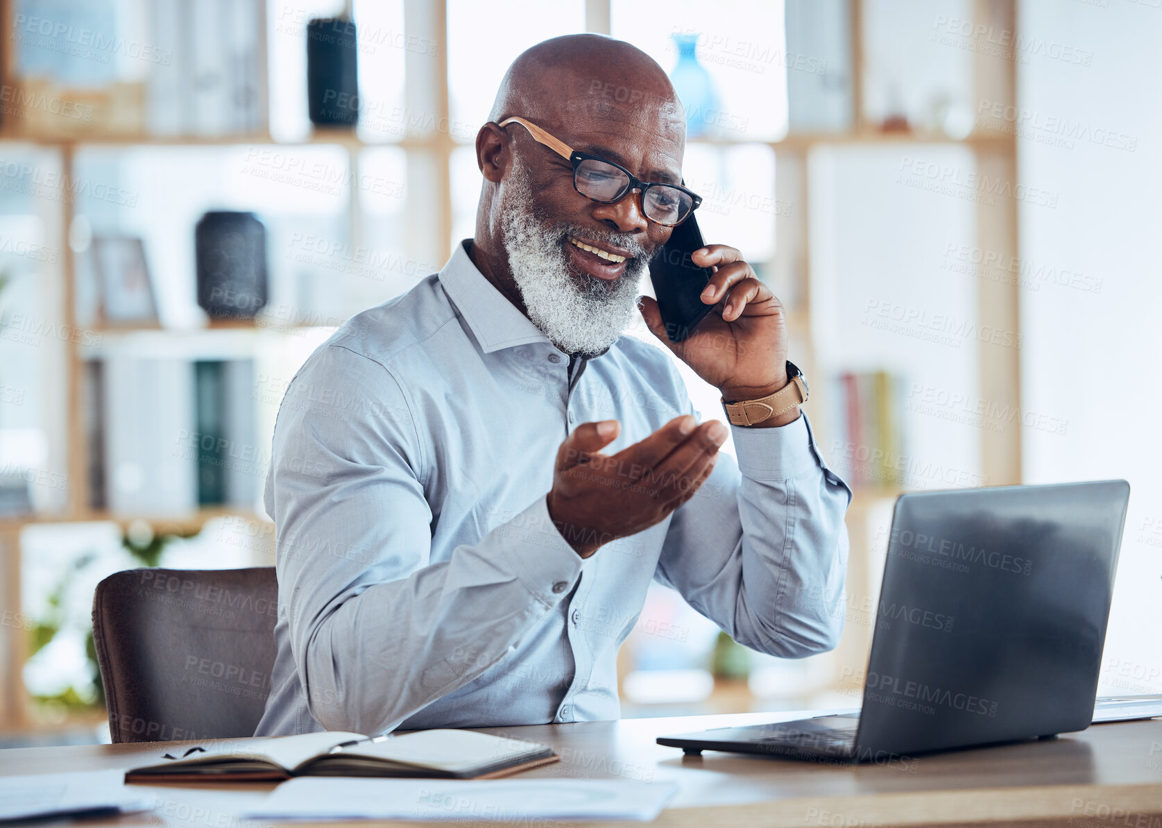 Buy stock photo Happy black man, laptop or phone call in corporate networking, negotiation or client rapport on finance loan deal. Smile, talking or ceo businessman on mobile communication technology or conversation