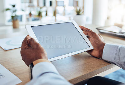 Buy stock photo Tablet screen in hands, man in business with mockup, technology and digital device with app marketing and network. Corporate male, internet and ux with communication, branding and display