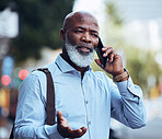 Business stress, black man and phone call in city for worry, anxiety and communication mistake. Confused manager, outdoor and mobile talking about problems, frustrated executive or consulting failure