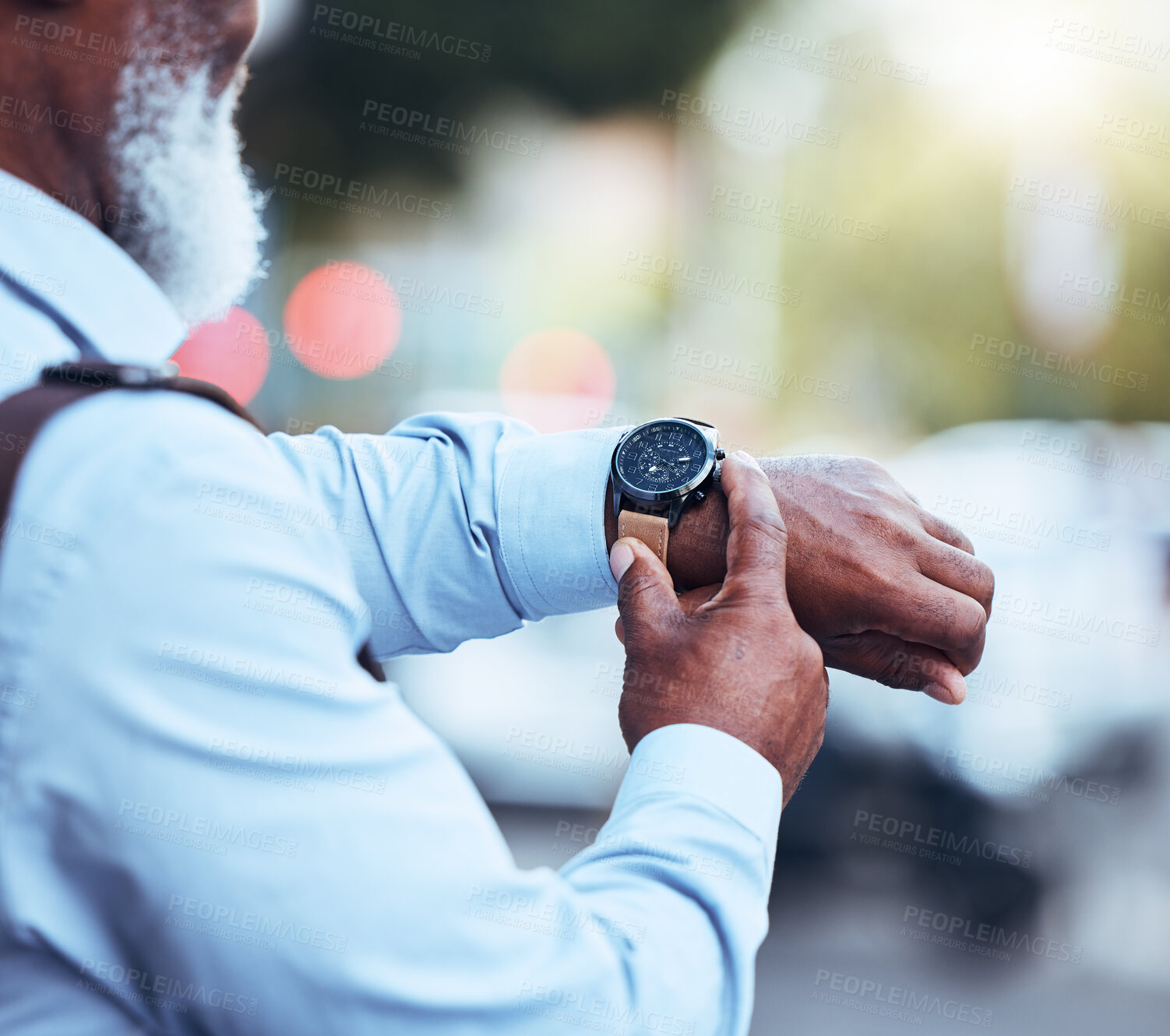 Buy stock photo Watch, black man and hands in city with time management, schedule or waiting for taxi commute. Closeup, arm and wristwatch of corporate worker in street outdoors for appointment, delay or check clock