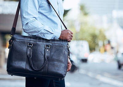 Buy stock photo Business man, city and walking with bag, leather briefcase and accessory for travel, work and professional career. Closeup worker carry luggage in street, sidewalk and commute with corporate fashion