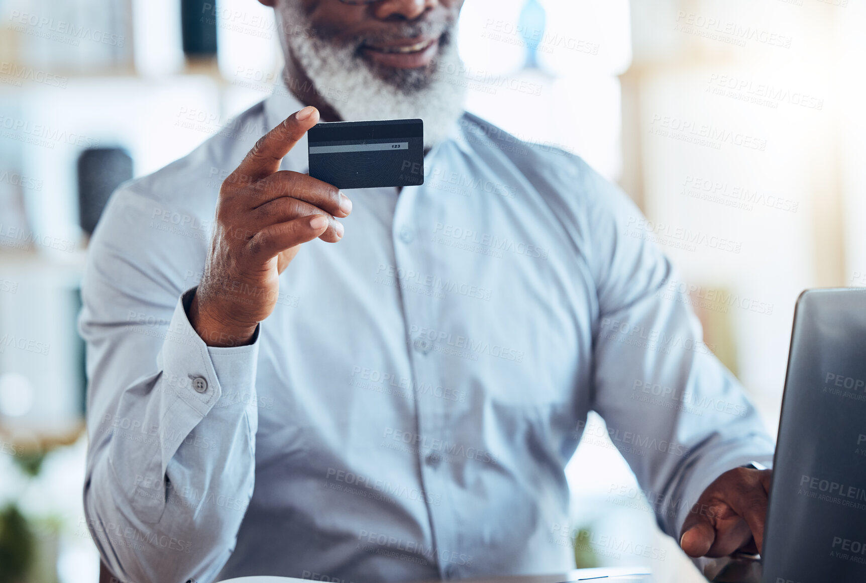 Buy stock photo Black man hand, credit card or laptop for finance management, insurance or investment payment for future wealth policy. Smile, mature or CEO businessman on bank website, technology or online fintech