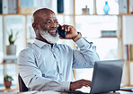 Talking black man, laptop or phone call in corporate networking, negotiation or client rapport on finance loan deal. Smile, happy or ceo businessman on mobile communication technology or conversation