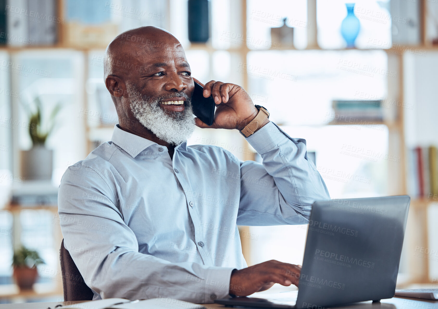 Buy stock photo Talking black man, laptop or phone call in corporate networking, negotiation or client rapport on finance loan deal. Smile, happy or ceo businessman on mobile communication technology or conversation